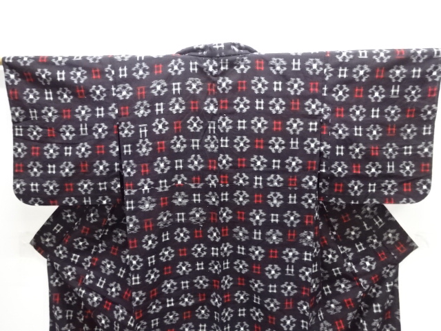  アンティーク　木綿本場久留米絣　井桁に抽象模様単衣着物